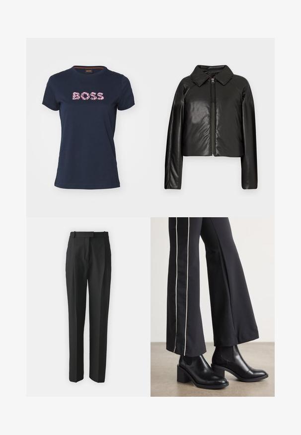 Black faux leather cropped jacket with a collared neckline and zip closure. Features long sleeves and smooth, glossy texture.; BOSS Print T-shirt - dark blue; Black tailored trousers made from lightweight fabric, featuring a straight cut, flat front, and belt loops. Smooth texture with no visible patterns.; Black leather ankle boots with a block heel, featuring elastic side panels. Paired with black pants that have a white side stripe.