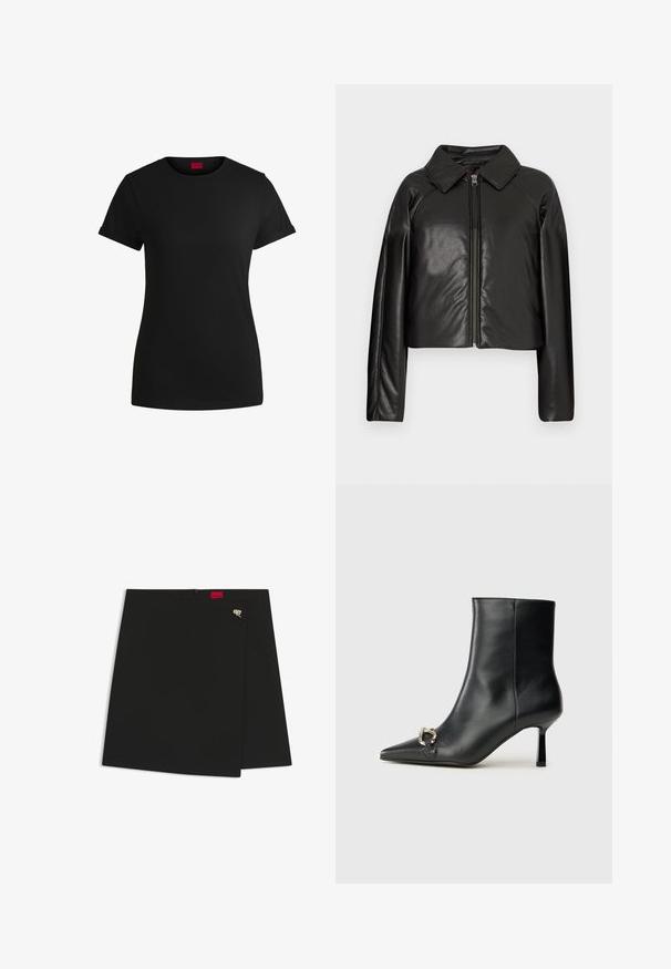 Giacca cropped nera in ecopelle con colletto e chiusura a zip. Caratterizzata da maniche lunghe e una texture liscia e lucida.; T-shirt in cotone nero con maniche corte arrotolate, scollatura rotonda e etichetta rossa. Texture liscia, forma aderente con dettagli minimi.; Gonna nera avvolgente con una texture liscia, caratterizzata da un'etichetta rossa e un accessorio in metallo argento. Design semplice con un taglio pulito.; Stivale alla caviglia in pelle nera con punta affusolata, tacco sottile di media altezza e dettaglio in fibbia argentata sul lato, su sfondo semplice.