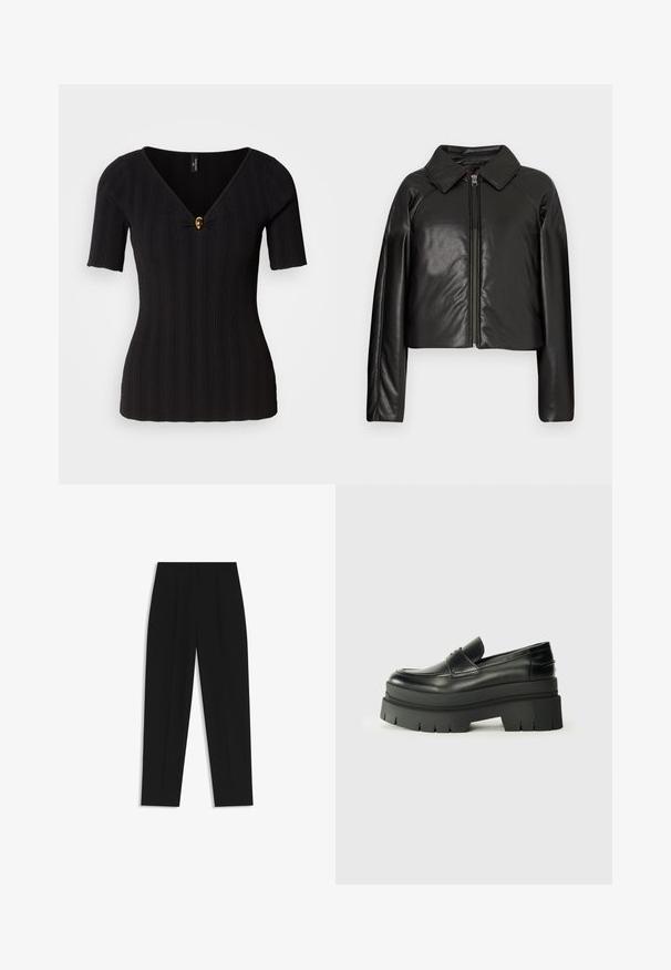 Chaqueta corta de imitación piel negra con cuello con solapa y cierre de cremallera. Presenta mangas largas y una textura suave y brillante.; Top negro de punto acanalado con mangas cortas, escote en V profundo y un botón decorativo dorado en el centro; diseño ajustado.; Pantalones negros de corte recto, con doble pinza, textura suave y un diseño de cinturilla clásica. Sin hardware o acentos visibles.; Mocasines de cuero negro con suela de plataforma contundente. Punta redondeada, detalle de costura en la parte delantera y sutiles acentos de costura. Suela plana y texturizada.