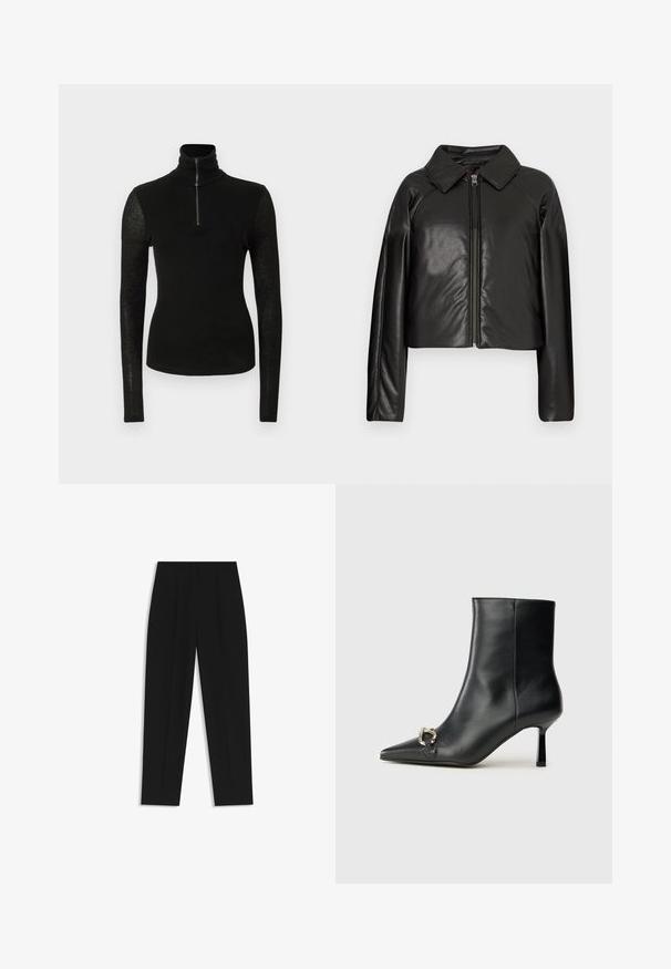 Czarna krótka kurtka z sztucznej skóry z kołnierzykiem i zapięciem na zamek. Posiada długie rękawy oraz gładką, błyszczącą fakturę.; Czarna, dopasowana bluzka z długim rękawem, z wysokim kołnierzem i pół-zipem z przodu, na białym tle.; Czarne spodnie o prostym kroju, z podwójnymi zakładkami, gładką teksturą i klasycznym krojem w talii. Bez widocznych elementów metalowych ani akcentów.; Czarny skórzany botek za kostkę z szpiczastym noskiem, smukłym średnim obcasem i srebrnym zapięciem po boku na jednolitym tle.
