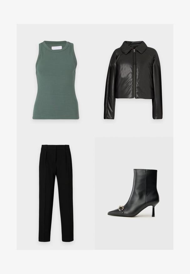 Giacca cropped nera in ecopelle con colletto e chiusura a zip. Caratterizzata da maniche lunghe e una texture liscia e lucida.; Canotta verde a coste con scollo rotondo e design senza maniche. Realizzata in cotone elasticizzato, presenta una forma aderente e una texture liscia.; Pantaloni neri su misura con vestibilità dritta, fronte plissettato, tessuto lucido e vita media. Nessuna tasca visibile o dettagli in metallo.; Stivale alla caviglia in pelle nera con punta affusolata, tacco sottile di media altezza e dettaglio in fibbia argentata sul lato, su sfondo semplice.