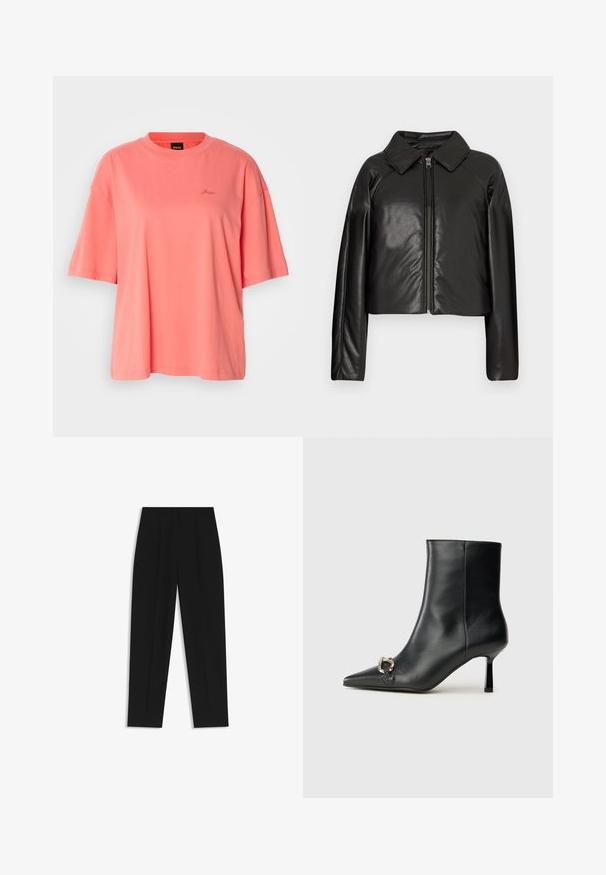 Sort kunstlæder cropped jakke med krave og lynlåslukning. Har lange ærmer og en glat, blank tekstur.; Korallenfarvet oversized t-shirt lavet af blød bomuld, med en rund halsudskæring og korte ærmer, samt et subtilt broderet logo på brystet.; Sorte bukser med lige pasform, der har dobbelte folder, en glat tekstur og et klassisk taljedesign. Ingen synlige hardware eller accenter.; Sort læder ankelstøvle med spidse tæer, slank hæl i mellemhøjde og sølvspænde detaljer på siden mod en ensfarvet baggrund.