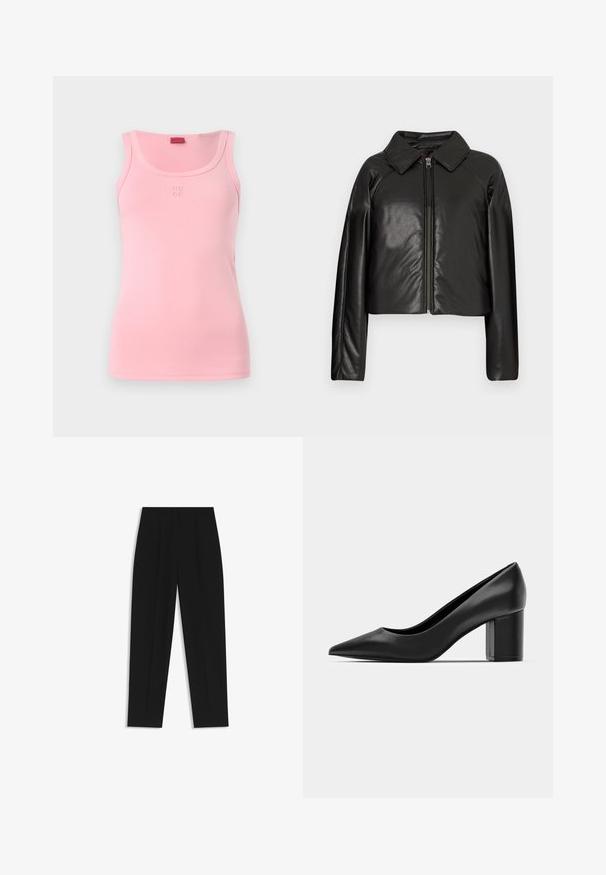 Schwarze Kunstleder-Cropped-Jacke mit Kragen und Reißverschluss. Mit langen Ärmeln und glatter, glänzender Textur.; Rosa ärmelloses Tanktop aus weicher Baumwolle, mit einem runden Halsausschnitt und einem kleinen gestickten "HUGO"-Logo auf der Vorderseite.; Schwarze Hose mit geradem Schnitt, doppelten Falten, einer glatten Textur und einem klassischen Bunddesign. Keine sichtbaren Beschläge oder Akzente.; Schwarze Lederpumps mit spitzem Zehenbereich und einem klobigen quadratischen Absatz. Glatte Textur, einfaches Design, geeignet für formelle Anlässe.