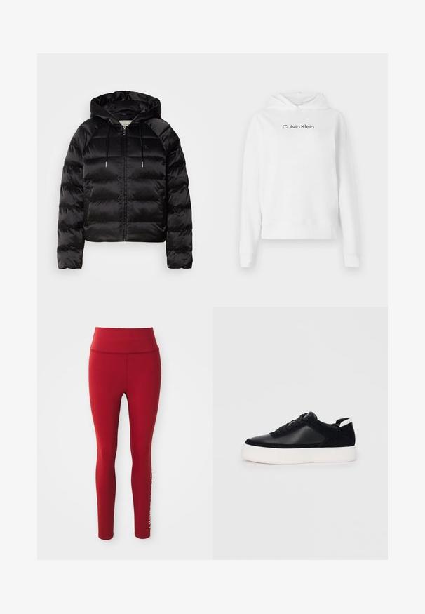 Jachetă pufosă neagră, cu glugă, cu fermoar în față, mansete elastice și o textură netedă, lucioasă. Include detalii cu logo pe piept.; Hanorac alb din bumbac, cu buzunar frontal tip cangur, mâneci lungi și logo-ul "Calvin Klein" în negru pe piept.; Tighturi roșii cu talie înaltă, lungime completă, cu o cusătură laterală vizibilă și un logo parțial alb al brandului pe partea inferioară a piciorului drept, pe fundal alb.; Sneaker negru cu piele netedă și panouri din întăritură, șireturi plate, vârf rotund și talpă din cauciuc alb. Logo distinct pe călcâi.