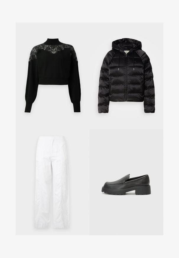 Must mustkade jope kapuutsiga, millel on luku ees, elastsed mansetid ja sujuv, läikiv tekstuur. Sisaldab logo detaili rinnal.; Must have kõrge kaelusega must lühike sviiter, kus on pitsdetailid õlgadel ja pikad varrukad. Pehme kudum.; Valged laiad püksid, mis on valmistatud kergetest materjalidest, omades siledat tekstuuri, puhtaid jooni ja kõrget vöökohta.; Mustad nahast loafers ümarate varvastega, paksu tekstuuriga tald ja minimaalsete õmbluse detailidega. Viimistletud disain, kus pole nähtavaid paelu ega riistu.