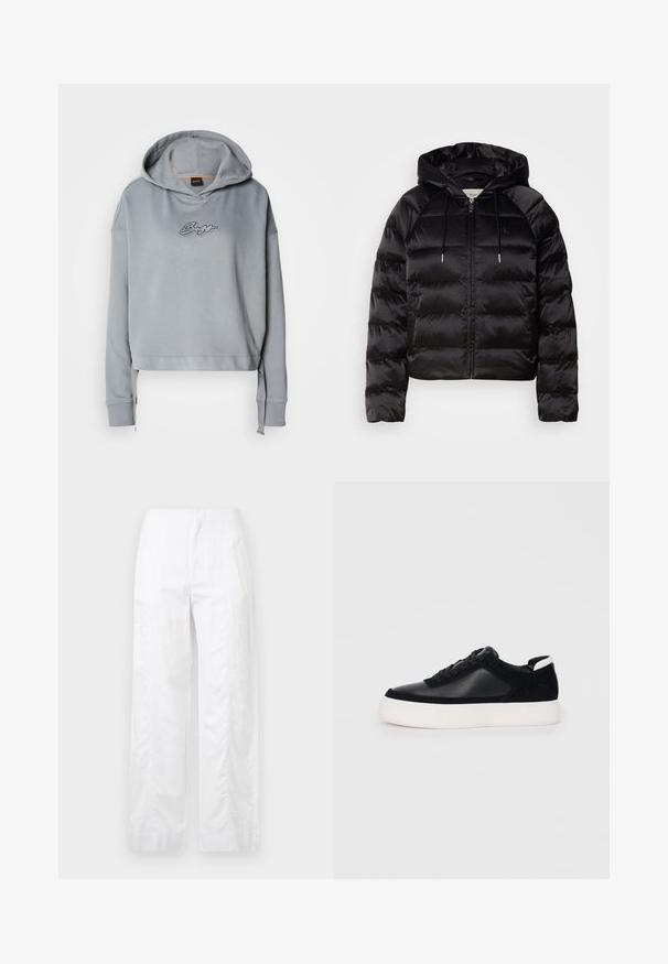 Casaco puffer preto com capuz, apresentando um fecho de correr frontal, punhos elásticos e uma textura suave e brilhante. Inclui detalhe do logótipo no peito.; Hoodie cinzado cinzento com capuz ajustável, apresentando um design de logotipo texturizado em prata na parte da frente. Tecido suave, corte relaxado, punhos canelados.; Calças brancas de perna larga feitas de um tecido leve, com uma textura suave, linhas limpas e um design de cintura alta.; Sapatilha preta com painéis de pele lisa e camurça, atacadores planos, bico arredondado e sola de borracha branca. Logótipo distinto no calcanhar.
