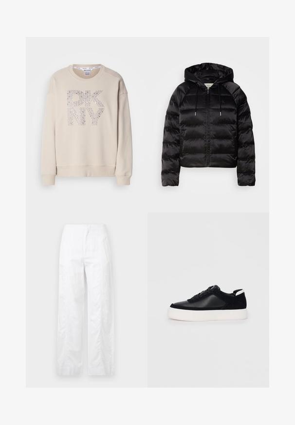 Casaco puffer preto com capuz, apresentando um fecho de correr frontal, punhos elásticos e uma textura suave e brilhante. Inclui detalhe do logótipo no peito.; Sweatshirt bege com gola redonda e mangas longas. Apresenta um logótipo "DKNY" brilhante feito de strass na parte da frente. Textura suave.; Calças brancas de perna larga feitas de um tecido leve, com uma textura suave, linhas limpas e um design de cintura alta.; Sapatilha preta com painéis de pele lisa e camurça, atacadores planos, bico arredondado e sola de borracha branca. Logótipo distinto no calcanhar.