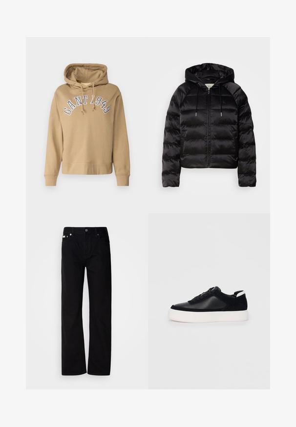 Crna pufasta jakna s kapuljačom, s patent zatvaračem sprijeda, elastičnim manžetama i glatkom, sjajnom teksturom. Sadrži detalj s logotipom na prsima.; Bež dukserica s kapuljačom i vezicama, na kojoj je izvezena oznaka "GANT 1949" u plavoj boji iznad prsnog dela. Mekana tkanina, rebrasti manžeti i donji rub.; Crne traperice ravnog kroja s pet džepova, srebrnim zakovicama i dugmetom na spratu. Tkanina ima glatku, blago teksturiranu površinu.; Crne tenisice s glatkom kožom i panelima od antilopa, ravne vezice, zaobljenim vrhom i bijelim gumeni potplat. Izraziti logo na peti.