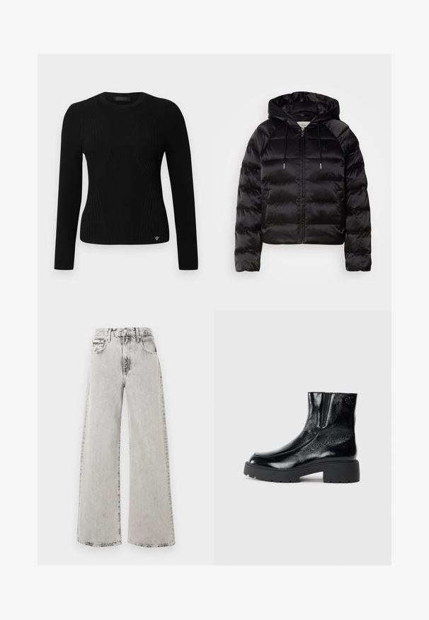 Svart puffy jakke med hette, med glidelås foran, elastiske mansjetter og en jevn, blank tekstur. Inkluderer logo detaljer på brystet.; Svart ribbet genser med lange ermer, som har en tettsittende design, rund hals og subtile diagonale sømmer; logo-detalj på den nedre fronten.; Vidbente jeans i lysegrå denim, med falmet vask, frontlommer og knappestenging. Designet er avslappet og romslig.; Svarte ankelstøvler med en blank lakkfinish, kraftig svart gummisåle og hevet hæl; inkluderer subtile logo-detaljer på siden.