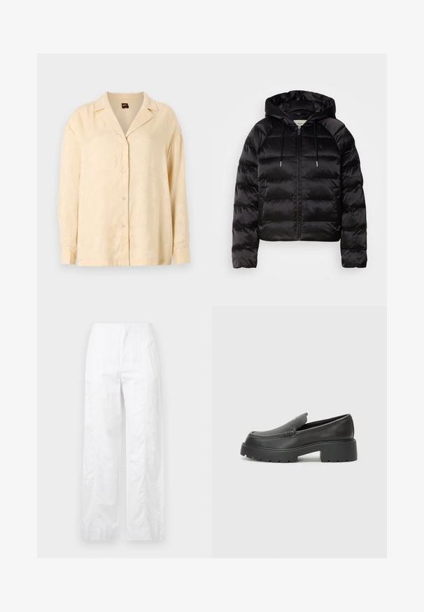 Melnas pūkainas jaka ar kapuci, ar rāvējslēdzēju priekšā, elastīgām piedurknēm un gludu, spīdīgu tekstūru. Satur logo detaļu uz krūtīm.; Gaiši bežs pogu krekls ar izgriezumu, garām piedurknēm un smalku palmu lapu rakstu. Pogas ir tonālās.; Baltas, plaša kāju bikses, izgatavotas no viegla auduma, ar gludu tekstūru, tīrām līnijām un augstu jostasvietu.; Melnas ādas mokasīni ar noapaļotu purngalu, biezs teksturēts zoles un minimālas dūriena detaļas. Gluds dizains bez redzamām auklām vai metāla elementiem.