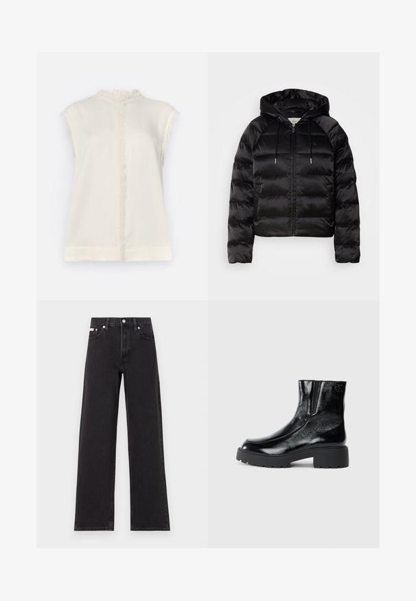 Czarna puchowa kurtka z kapturem, z suwakiem z przodu, elastycznymi mankietami i gładką, błyszczącą teksturą. Zawiera detal z logo na klatce piersiowej.; Beżowa bluzka bez rękawów z fakturowanym dekoltem w falbanki i frędzlami wzdłuż ramion oraz centralnego szwu. Miękka, lekka tkanina.; Czarne dżinsy o szerokich nogawkach, wykonane z denimu, z wysokim stanem, pięcioma kieszeniami oraz metalowym zapięciem z kontrastowym szwem.; Czarne botki sięgające kostki o błyszczące wykończenie z lakierowanej skóry, masywna czarna gumowa podeszwa i podwyższony obcas; zawierają subtelny detal z logo z boku.