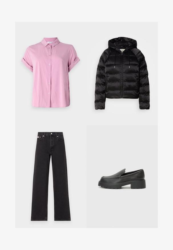 Casaco puffer preto com capuz, apresentando um fecho de correr frontal, punhos elásticos e uma textura suave e brilhante. Inclui detalhe do logótipo no peito.; Camisa de botão de manga curta em tecido rosa claro. Apresenta um colarinho pontudo e mangas enroladas, com uma textura suave e um corte descontraído.; Jeans de perna larga pretos feitos de denim, apresentando uma cintura alta, estilo de cinco bolsos e um fecho em botão de metal com costura contrastante.; Mocassins de couro preto com bico arredondado, sola espessa e texturizada, e detalhes de costura minimalistas. Design elegante sem atacadores ou ferragens visíveis.
