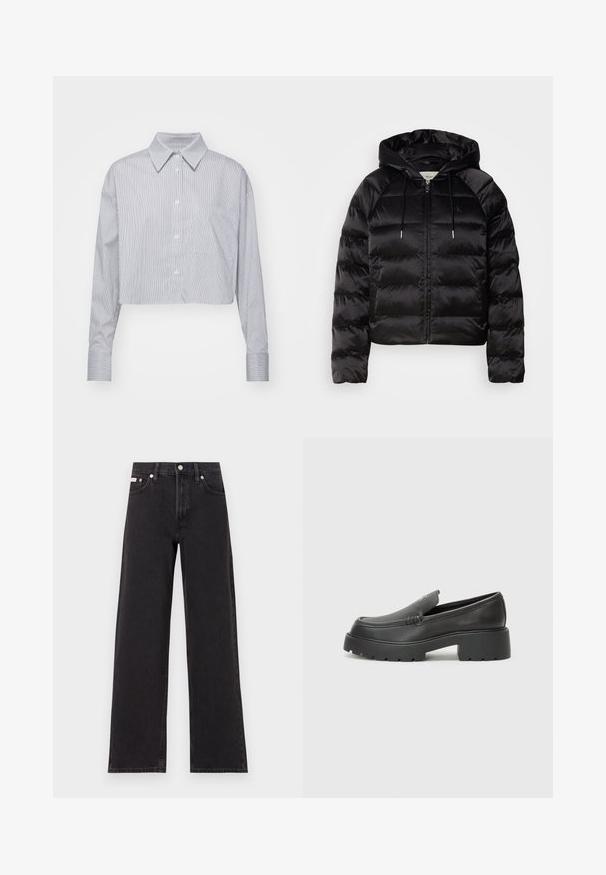 Jachetă pufosă neagră, cu glugă, cu fermoar în față, mansete elastice și o textură netedă, lucioasă. Include detalii cu logo pe piept.; Cămașă scurtă cu butoni, în dungi albastre și albe, având un guler clasic, mâneci lungi și un singur buzunar pe piept. Textură de țesătură netedă.; Jeanși negri cu picioare largi, fabricați din denim, cu talie înaltă, stil cu cinci buzunare și închidere cu nasture metalic, cu cusături contrastante.; Mocasini din piele neagră, cu vârf rotunjit, talpă groasă texturată și detalii minimale de cusătură. Design elegant, fără șireturi sau accesorii vizibile.