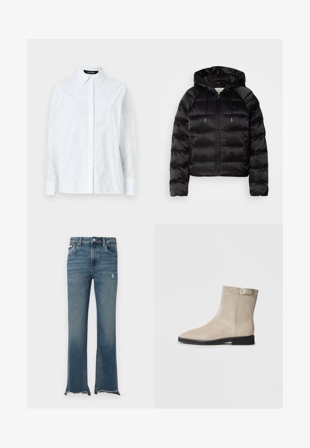 Black puffy jacket with a hood, featuring a zip front, elastic cuffs, and a smooth, glossy texture. Includes logo detail on the chest.; White button-up shirt featuring a textured script pattern, classic collar, long sleeves, and a straight hem. Made from lightweight fabric.; Blue denim jeans with slight distressing, raw frayed hems, front pockets, belt loops, and a button closure.; Beige leather ankle boot with pointed toe, black sole, low heel, and gold buckle strap on outer side, shown on white background.