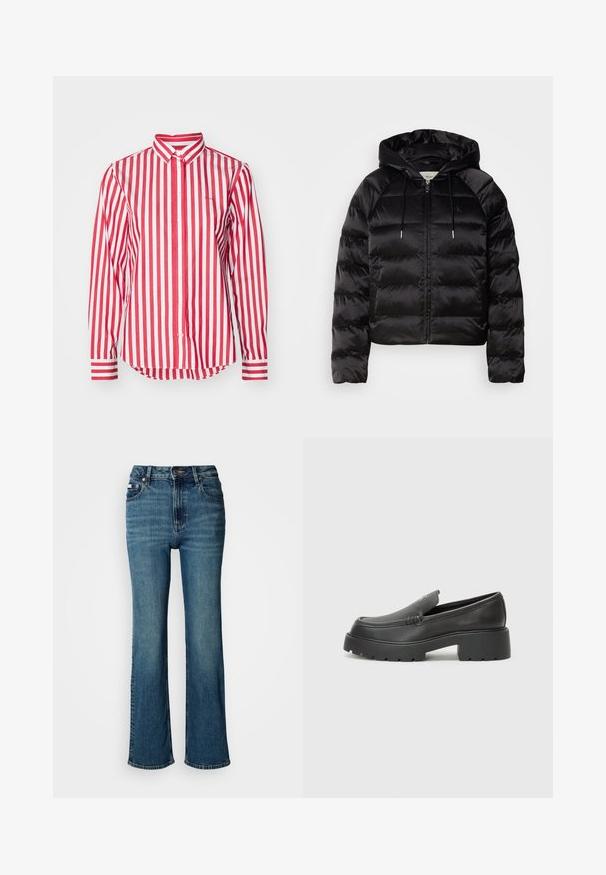 Black puffy jacket with a hood, featuring a zip front, elastic cuffs, and a smooth, glossy texture. Includes logo detail on the chest.; Red and white striped long-sleeve shirt with a button-up front, collar, and contrasting striped cuffs; lightweight cotton fabric.; High-waisted blue jeans made of denim, featuring a straight leg design, subtle fading, and a standard button and zipper closure.; Black leather loafers with a rounded toe, thick textured sole, and minimal stitching details. Sleek design with no visible laces or hardware.