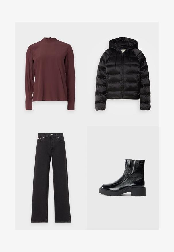 Zwarte pufferjack met capuchon, met een rits aan de voorkant, elastische manchetten en een soepele, glanzende textuur. Inclusief logo-opdruk op de borst.; Bordeaux lange mouwen blouse met een hoge halslijn, subtiele glans en knoopsluiting op de rug. Glad stof en aansluitende mouwen.; Zwarte wijde spijkerbroeken van denim, met een hoge taille, vijf-pocket stijl en een metalen knoopsluiting met contrasterende stiksels.; Zwarte enkellaarsjes met een glanzende lakleren afwerking, chunky zwarte rubberen zool en verhoogde hak; inclusief subtiele logo-detail aan de zijkant.