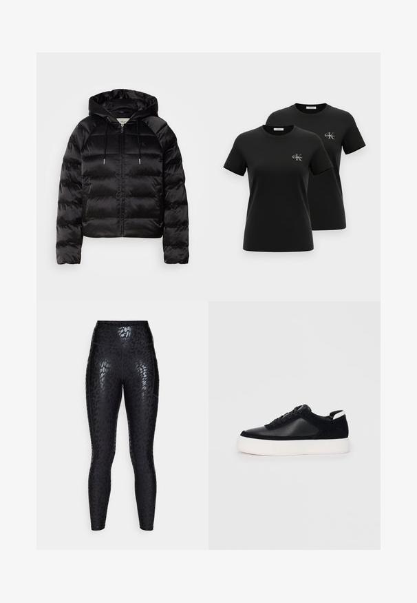 Černá nadýchaná bunda s kapucí, s předním zipem, elastickými manžetami a hladkým, lesklým povrchem. Obsahuje detail loga na hrudi.; Dvě černá trička s krátkým rukávem a kulatým výstřihem, s malými šedými logy "CK Calvin Klein" na levé straně hrudi, vystavená na bílém pozadí.; Černé legíny s lesklým povrchem s leopardím potiskem. Vysoký pas, těsný střih a hladká textura.; Černé sneakersy s hladkou kůží a semišovými panely, plochými šňůrkami, zaoblenou špičkou a bílou gumovou podrážkou. Výrazné logo na patě.