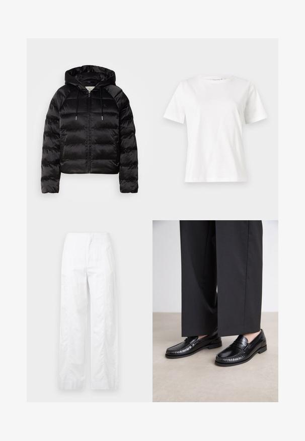 Must mustkade jope kapuutsiga, millel on luku ees, elastsed mansetid ja sujuv, läikiv tekstuur. Sisaldab logo detaili rinnal.; Valge puuvillane T-särk lühikeste varrukatega, ümmarguse kaelusega ja vabalt istuv. Sile tekstuur, ilma mustrite ja aktsentideta, minimalistik disain.; Valged laiad püksid, mis on valmistatud kergetest materjalidest, omades siledat tekstuuri, puhtaid jooni ja kõrget vöökohta.; Mustadest nahast loaferdest on sile pind, õmmeldud detaile varvaste ümber ja madal kummitald. Kombineeritud laia musta pükste jaoks.