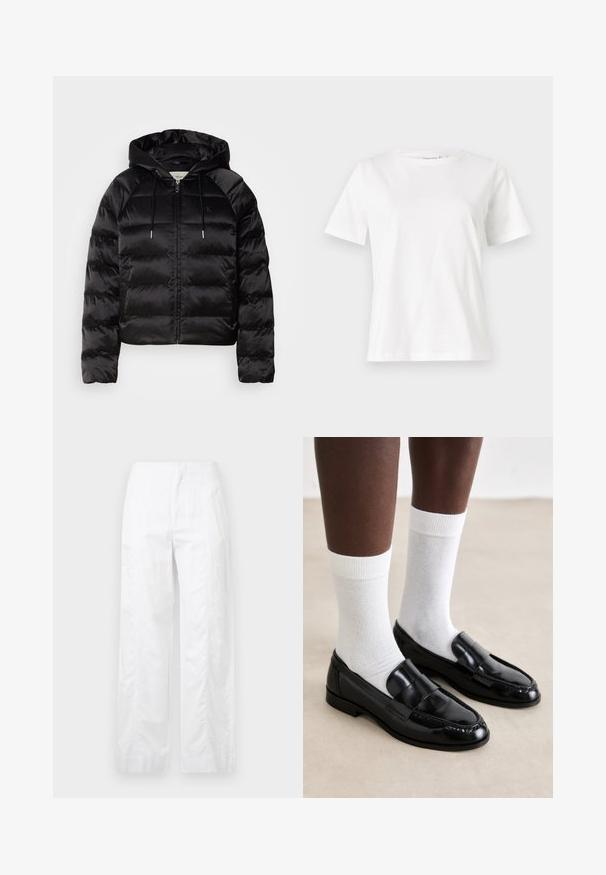 Black puffy jacket with a hood, featuring a zip front, elastic cuffs, and a smooth, glossy texture. Includes logo detail on the chest.; White cotton t-shirt with short sleeves, round neckline, and a relaxed fit. Smooth texture, no patterns or accents, minimalistic design.; White wide-leg trousers made of lightweight fabric, featuring a smooth texture, clean lines, and a high waist design.; Black patent leather loafers with a stitched design, paired with white cotton crew socks, displayed against a light floor background.