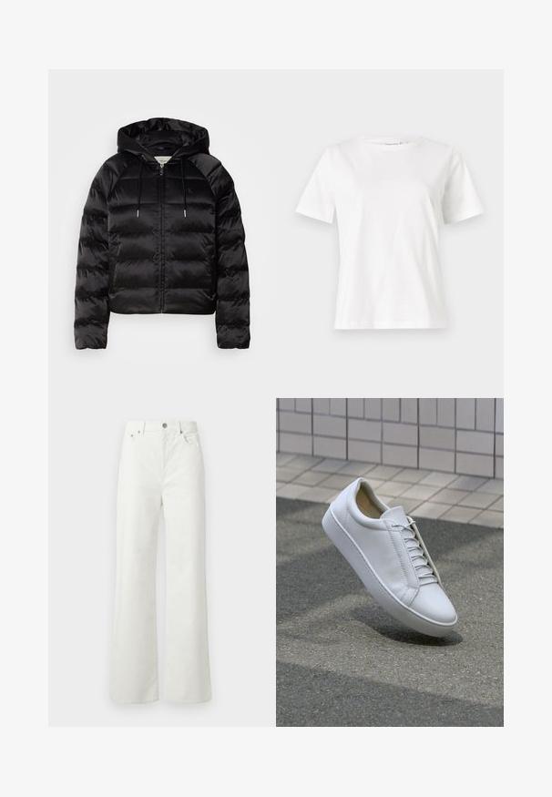 Black puffy jacket with a hood, featuring a zip front, elastic cuffs, and a smooth, glossy texture. Includes logo detail on the chest.; White cotton t-shirt with short sleeves, round neckline, and a relaxed fit. Smooth texture, no patterns or accents, minimalistic design.; Samsøe Samsøe SHELLY - Relaxed fit jeans - clear cream; White leather sneaker with a round toe, flat sole, and six pairs of eyelets. Smooth texture and minimalistic design with stitching details.