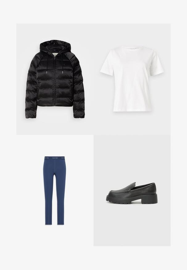 Juodas pūkuotas džemperis su gaubtu, turi užtrauktuką priekyje, elastingus rankogalius ir lygų, blizgų paviršių. Ant krūtinės yra logotipo detalė.; Balta medvilninė marškinėliai trumpomis rankovėmis, su apvalia iškirpte ir laisvu siluetu. Lygi tekstūra, be raštų ar akcentų, minimalistinis dizainas.; Tamsiai mėlynos leginsai, pagaminti iš elastingos medžiagos, su lygiu paviršiumi ir elastingu juosmeniu, ant kurio yra atspaudas su Calvin Klein logotipu.; Juodi odiniai loaferiai su apvaliu pirštu, storu tekstūruotu padu ir minimaliu siūlių dekoru. Išskirtinis dizainas be matomų raištelių ar furnitūros.