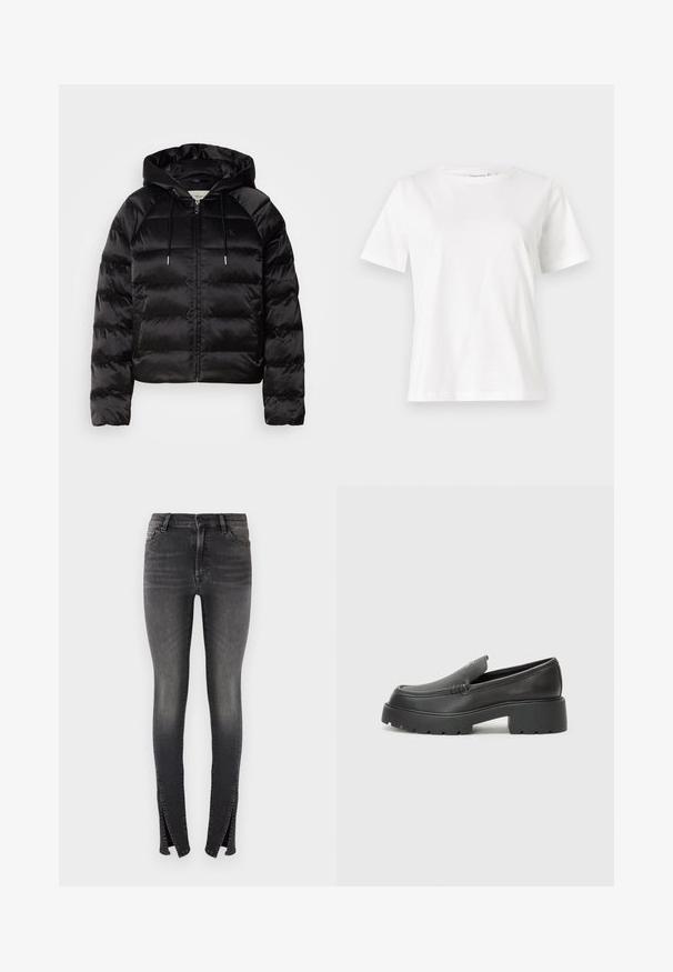 Svart puffy jakke med hette, med glidelås foran, elastiske mansjetter og en jevn, blank tekstur. Inkluderer logo detaljer på brystet.; Hvit bomull t-skjorte med korte ermer, rund hals og avslappet passform. Glatt tekstur, ingen mønstre eller detaljer, minimalistisk design.; Trange jeans i mørkegrå denim, med høy midje, frontlommer og unike splitt på anklene for et moderne design.; Sorte skinnloafers med rund tå, tykk teksturert såle og minimale sømdetaljer. Strømlinjeformet design uten synlige snørebånd eller hardvarer.