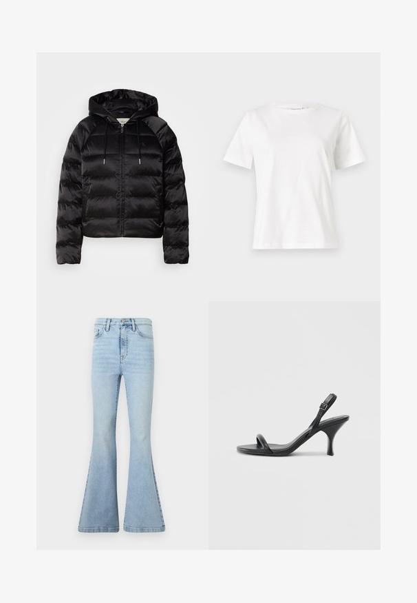 Juodas pūkuotas džemperis su gaubtu, turi užtrauktuką priekyje, elastingus rankogalius ir lygų, blizgų paviršių. Ant krūtinės yra logotipo detalė.; Balta medvilninė marškinėliai trumpomis rankovėmis, su apvalia iškirpte ir laisvu siluetu. Lygi tekstūra, be raštų ar akcentų, minimalistinis dizainas.; Šviesiai mėlyni flared džinsai, pagaminti iš denimo, su aukštu juosmeniu, subtiliu išblukimu ir dideliais plačiais kraštais, turinčiais tvarkingą apdailą.; Juodos odinės aukštakulnės šlepetės su plonu, kreiviu kulnu ir kryžminiu dirželio dizainu. Reguliuojamas kulkšnies dirželis. Lygus paviršius.