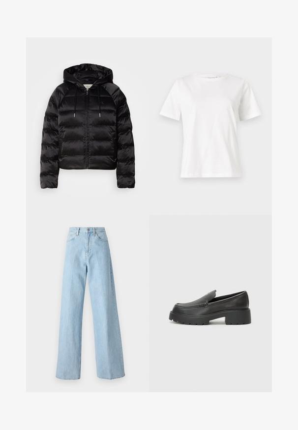 Svart puffy jakke med hette, med glidelås foran, elastiske mansjetter og en jevn, blank tekstur. Inkluderer logo detaljer på brystet.; Hvit bomull t-skjorte med korte ermer, rund hals og avslappet passform. Glatt tekstur, ingen mønstre eller detaljer, minimalistisk design.; Lyse blå brede ben jeans laget av denim, med høy midje, fem-lommers design og rett kutt nederst.; Sorte skinnloafers med rund tå, tykk teksturert såle og minimale sømdetaljer. Strømlinjeformet design uten synlige snørebånd eller hardvarer.
