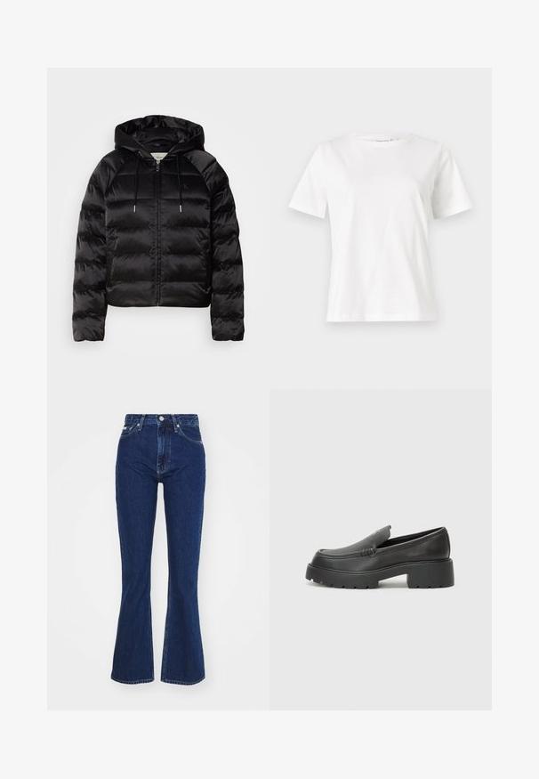 Schwarze, puffy Jacke mit Kapuze, mit Reißverschluss auf der Vorderseite, elastischen Bündchen und einer glatten, glänzenden Textur. Enthält Logodetails auf der Brust.; Weißes Baumwoll-T-Shirt mit kurzen Ärmeln, Rundhalsausschnitt und lockerer Passform. Glatte Textur, keine Muster oder Akzente, minimalistisches Design.; Dunkelblaue Schlagjeans aus Denim, mit hoher Taille, Reißverschluss und Knopfverschluss sowie fünf Taschen und einem leichten Used-Look.; Schwarze Lederloafer mit einer abgerundeten Spitze, dicker strukturierten Laufsohle und minimalen Nähten. Schlankes Design ohne sichtbare Schnürsenkel oder Beschläge.