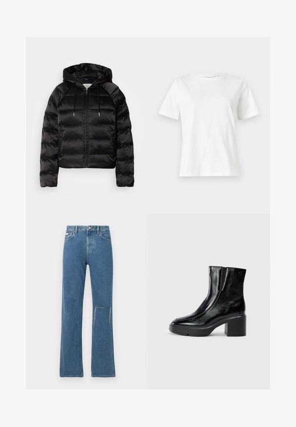 Black puffy jacket with a hood, featuring a zip front, elastic cuffs, and a smooth, glossy texture. Includes logo detail on the chest.; White cotton t-shirt with short sleeves, round neckline, and a relaxed fit. Smooth texture, no patterns or accents, minimalistic design.; Blue denim jeans with a loose fit, featuring raw hem accents and a faded finish. Classic five-pocket design, button closure, and belt loops.; Black patent leather ankle boots with a curved toe, elastic side panels, and a chunky block heel. Features embossed logo on the back.