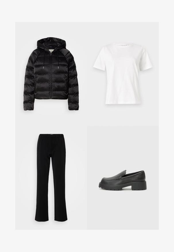 Black puffy jacket with a hood, featuring a zip front, elastic cuffs, and a smooth, glossy texture. Includes logo detail on the chest.; White cotton t-shirt with short sleeves, round neckline, and a relaxed fit. Smooth texture, no patterns or accents, minimalistic design.; Black pants with a flared design, made from a smooth fabric. Features an elastic waistband for comfort and a clean, simple silhouette.; Black leather loafers with a rounded toe, thick textured sole, and minimal stitching details. Sleek design with no visible laces or hardware.