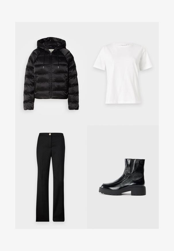 Mustat pörröiset takki hupulla, jossa on vetoketju edessä, elastiset hihansuut ja sileä, kiiltävä pinta. Sisältää logotarran rinnassa.; Valkoinen puuvillapaita lyhyillä hihoilla, pyöreällä kaula-aukolla ja rentolla istuvuudella. Sujuva rakenne, ei kuvioita tai yksityiskohtia, minimalistinen muotoilu.; Mustat räätälöidyt housut, joissa on hienovarainen geometrinen kuvio, suora lahjemuotoilu ja etuvetoketju metallisella yksityiskohdalla.; Mustat nilkkurit, joissa on kiiltävä patenttinahkafarba, paksu musta kumipohja ja korkeampi korko; sisältää hienovaraisen logon yksityiskohdan sivussa.