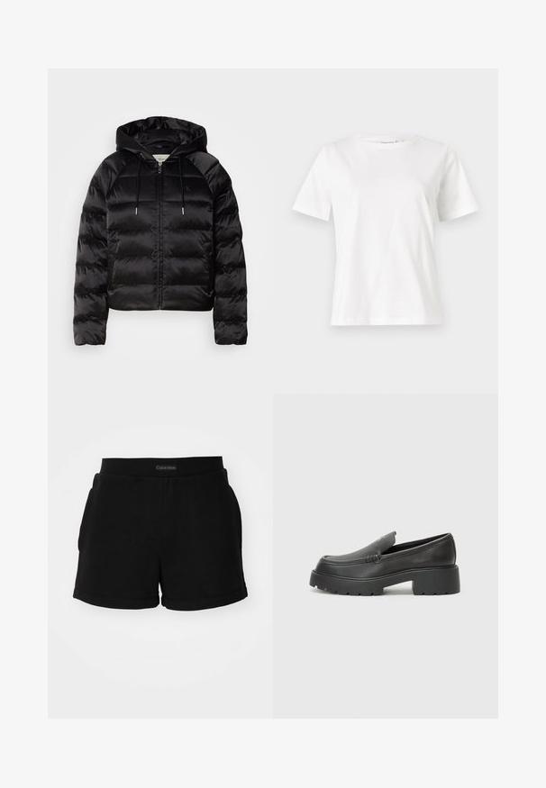 Black puffy jacket with a hood, featuring a zip front, elastic cuffs, and a smooth, glossy texture. Includes logo detail on the chest.; White cotton t-shirt with short sleeves, round neckline, and a relaxed fit. Smooth texture, no patterns or accents, minimalistic design.; Black cotton shorts featuring a ribbed waistband, side pockets, and a rounded hem. Logo displayed on the waistband.; Black leather loafers with a rounded toe, thick textured sole, and minimal stitching details. Sleek design with no visible laces or hardware.
