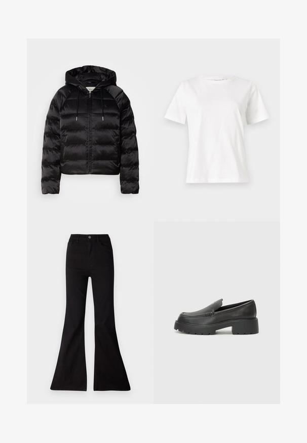 Juodas pūkuotas džemperis su gaubtu, turi užtrauktuką priekyje, elastingus rankogalius ir lygų, blizgų paviršių. Ant krūtinės yra logotipo detalė.; Balta medvilninė marškinėliai trumpomis rankovėmis, su apvalia iškirpte ir laisvu siluetu. Lygi tekstūra, be raštų ar akcentų, minimalistinis dizainas.; Juoda flared džinsai, pagaminti iš džinsinio audinio, su aukšta talija, priekinėmis kišenėmis ir dideliu atidarymu apačioje, suteikiančiu plačių kojų siluetą.; Juodi odiniai loaferiai su apvaliu pirštu, storu tekstūruotu padu ir minimaliu siūlių dekoru. Išskirtinis dizainas be matomų raištelių ar furnitūros.