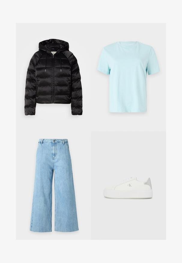 Chaqueta negra acolchada con capucha, con cierre de cremallera en la parte delantera, puños elásticos y una textura suave y brillante. Incluye un detalle de logo en el pecho.; Camiseta de algodón azul claro con mangas cortas, cuello redondo y sutil logo bordado de 'Calvin Klein' en la parte delantera.; Jeans de pierna ancha color azul claro, hechos de denim, con una cintura alta, bolsillos frontales y bordes limpios sin adornos.; Zapatillas de lona blancas con una suela blanca gruesa, presentan un acento metálico plateado en el talón y un sutil detalle del logo en el lateral.