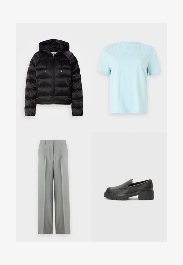 Fekete, kapucnis puffkabát, elülső cipzárral, elasztikus mandzsettákkal és sima, fényes felülettel. Mellkasi logó részlet is található rajta.; Világoskék pamut póló, rövid ujjakkal, kerek nyakkal és Diszkrét 'Calvin Klein' hímzett logóval az elején.; Világosszürke, bő szárú nadrág sima anyagból, magas derekú kialakítással, frontján gyűrődésekkel és két hátsó zsebével, valamint övhurkokkal.; Fekete bőr loafer cipők kerek orral, vastag, texturált talppal és minimális varrási részletekkel. Áramvonalas dizájn, látható fűzők vagy fém részek nélkül.
