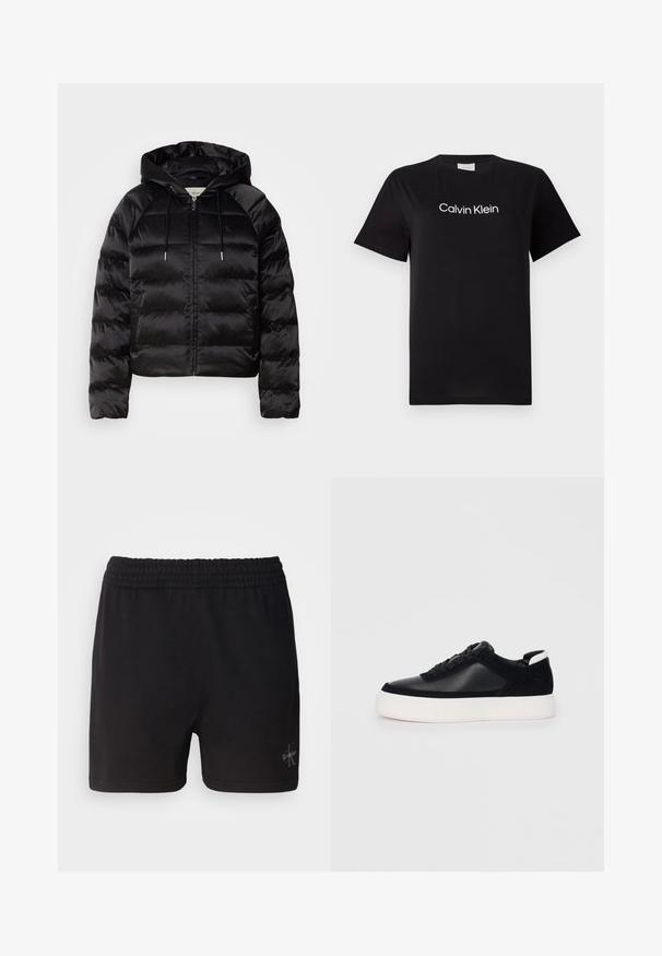 Mustat pörröiset takki hupulla, jossa on vetoketju edessä, elastiset hihansuut ja sileä, kiiltävä pinta. Sisältää logotarran rinnassa.; Musta puuvillapaita lyhyillä hihoilla, jossa on valkoinen "Calvin Klein" -logo painettuna rinnan kohtaan. Klassinen pyöreä kaula-aukko.; Mustat puuvillashortsit, joissa on joustava vyötärö ja Calvin Klein -logo hopeisena alareunassa oikealla puolella. Sileä pinta.; Musta lenkkari sileällä nahka- ja mokkanahkapaneelilla, litteät nauhat, pyöreä varvas sekä valkoinen kumipohja. Erottuva logo kantapäässä.