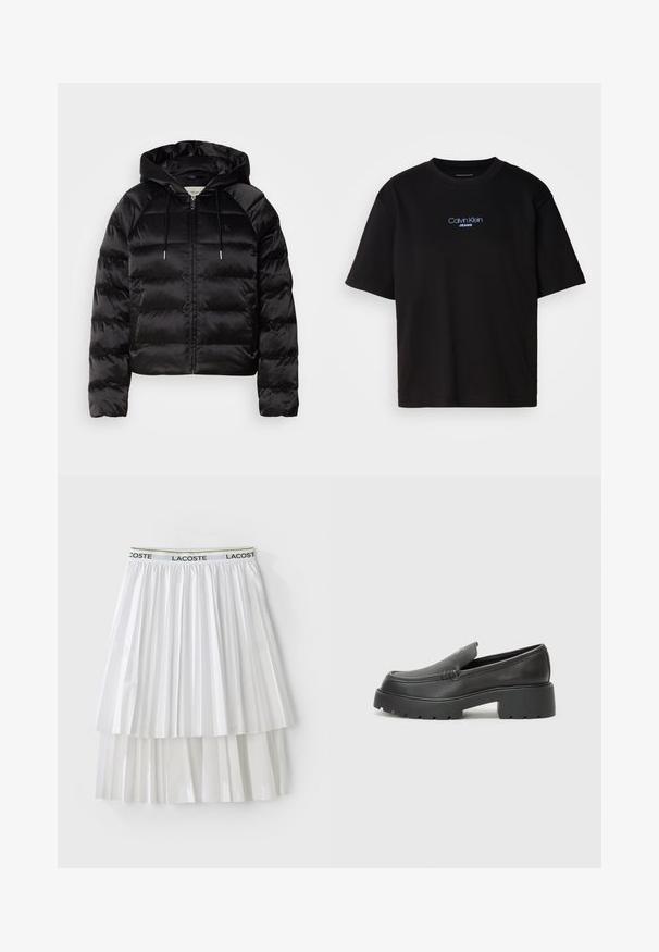 Crna pufasta jakna s kapuljačom, s patent zatvaračem sprijeda, elastičnim manžetama i glatkom, sjajnom teksturom. Sadrži detalj s logotipom na prsima.; Crna pamučna majica s okruglim izrezom, kratkim rukavima i plavim izvezenim logom "Calvin Klein JEANS" na prednjoj strani.; Bijela plisirana suknja s teksturiranim dizajnom, koja ima elastičnu traku s brendom. Materijal ima glatku završnicu s slojevitim segmentima.; Crne kožne loaferice s zaobljenim vrhom, debelim teksturiranim potplatom i minimalnim detaljima šivanja. Elegantna izrada bez vidljivih vezica ili metalnih elemenata.