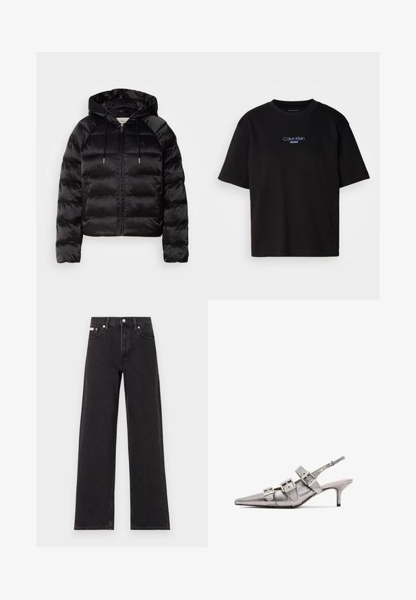 Fekete, kapucnis puffkabát, elülső cipzárral, elasztikus mandzsettákkal és sima, fényes felülettel. Mellkasi logó részlet is található rajta.; Fekete pamut póló kerek nyakkal, rövid ujjú, elöl kék hímzett "Calvin Klein JEANS" logóval.; Fekete, bőszárú farmernadrág, magas derekú, öt zsebes kialakítással és fém gombos záródással, kontrasztos varrással.; Fémes ezüst szandál magassarkú, hegyes orral, három széles pánttal és négyzet alakú fém csatokkal. Fényes textúra és vékony sarkú.