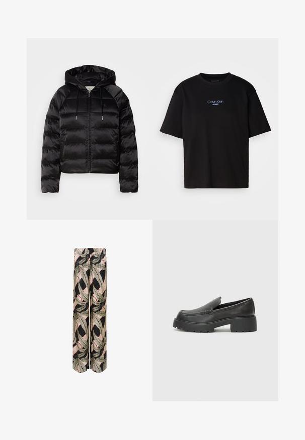 Melnas pūkainas jaka ar kapuci, ar rāvējslēdzēju priekšā, elastīgām piedurknēm un gludu, spīdīgu tekstūru. Satur logo detaļu uz krūtīm.; Melna kokvilnas T-kreklu ar apaļu kaklu, īsām piedurknēm un zilu izšūtu "Calvin Klein JEANS" logo priekšpusē.; Palazzo bikses ar melnu pamatni un drosmīgu lapu rakstu zaļā, bēšā un sarkanā krāsā, ar elastīgu jostu ērtībai.; Melnas ādas mokasīni ar noapaļotu purngalu, biezs teksturēts zoles un minimālas dūriena detaļas. Gluds dizains bez redzamām auklām vai metāla elementiem.