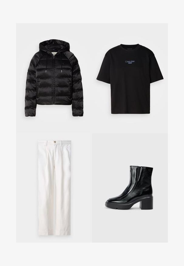 Black puffy jacket with a hood, featuring a zip front, elastic cuffs, and a smooth, glossy texture. Includes logo detail on the chest.; Black cotton t-shirt with a round neck, short sleeves, and blue embroidered "Calvin Klein JEANS" logo on the front.; White cotton trousers with a relaxed fit, featuring a straight leg, subtle pleats, and a single metal button closure at the waist.; Black patent leather ankle boots with a curved toe, elastic side panels, and a chunky block heel. Features embossed logo on the back.