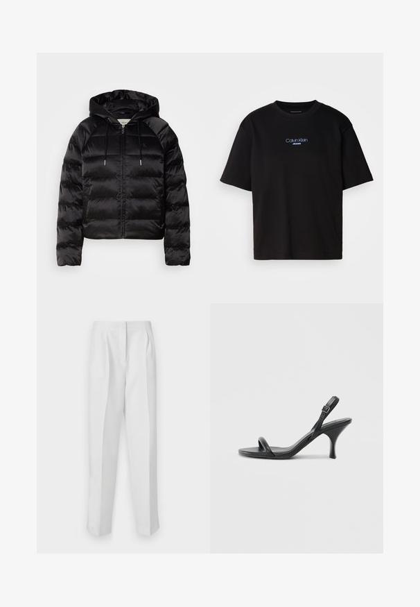 Svart puffy jakke med hette, med glidelås foran, elastiske mansjetter og en jevn, blank tekstur. Inkluderer logo detaljer på brystet.; Sort bomull t-skjorte med rund hals, korte ermer, og blå brodert "Calvin Klein JEANS" logo på forsiden.; Hvite skreddersydde bukser med rett passform, med frontfolder, to sidelommer og en ren linning for et polert utseende.; Sorte skinnhøye hæler med en slank, buet hæl og et kryssrem-design. Justerbar ankelrem. Glatt tekstur.