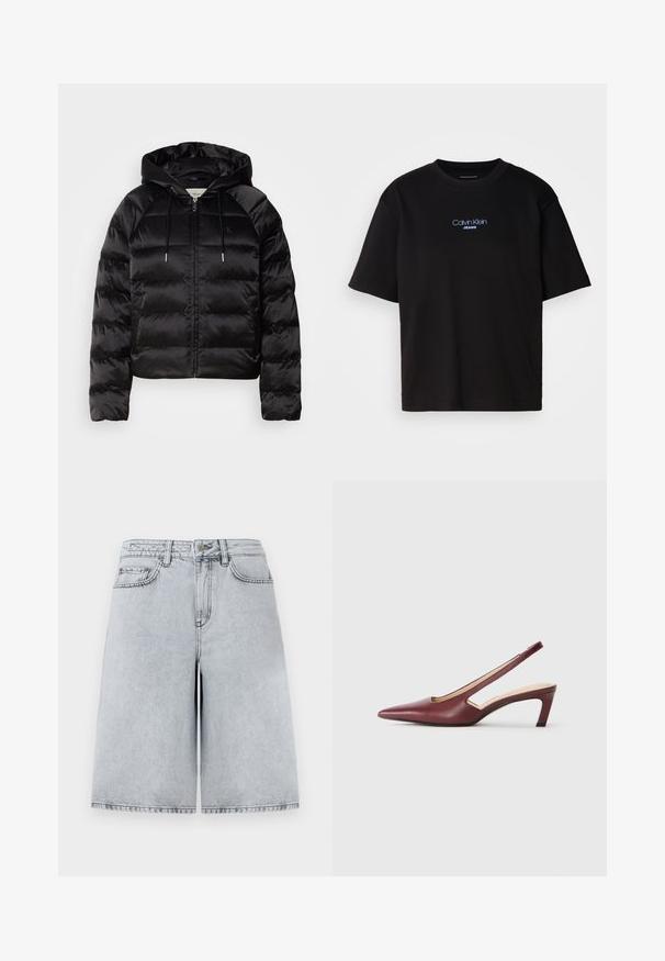 Črna puhovka s kapuco, z zadrgo spredaj, elastičnimi zapestji in gladko, sijajno teksturo. Vključuje podrobnost z logotipom na prsih.; Črna bombažna majica s krožnim izrezom, kratkimi rokavi in modrim vezenim logotipom "Calvin Klein JEANS" na sprednji strani.; Svetlo sivi dnevni šorti s sproščenim krojem, visokim pasom, petimi žepi in ravnim krojem. Čisti, minimalni šivi.; Burgundske slingback pete s koničastim nosom, izrezi na straneh in srednje visoko blok peto. Gladek usnjeni zaključek.