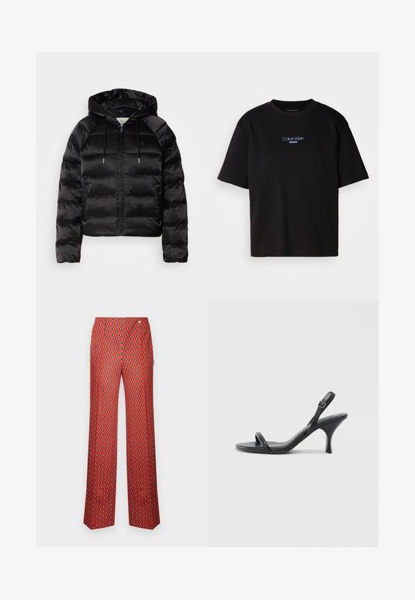 Black puffy jacket with a hood, featuring a zip front, elastic cuffs, and a smooth, glossy texture. Includes logo detail on the chest.; Black cotton t-shirt with a round neck, short sleeves, and blue embroidered "Calvin Klein JEANS" logo on the front.; Red wide-leg pants featuring a diamond pattern in black and white. Material appears smooth; includes a waistband and front pleats.; Black leather high-heeled sandals with a slim, curved heel and a crossed strap design. Adjustable ankle strap. Smooth texture.