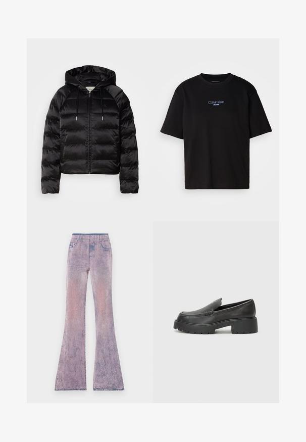 Svart puffy jakke med hette, med glidelås foran, elastiske mansjetter og en jevn, blank tekstur. Inkluderer logo detaljer på brystet.; Sort bomull t-skjorte med rund hals, korte ermer, og blå brodert "Calvin Klein JEANS" logo på forsiden.; Flared jeans i en gradient fra pastellrosa til lilla med en falmet tekstur. Har elastisk midje og fem-lommers design.; Sorte skinnloafers med rund tå, tykk teksturert såle og minimale sømdetaljer. Strømlinjeformet design uten synlige snørebånd eller hardvarer.