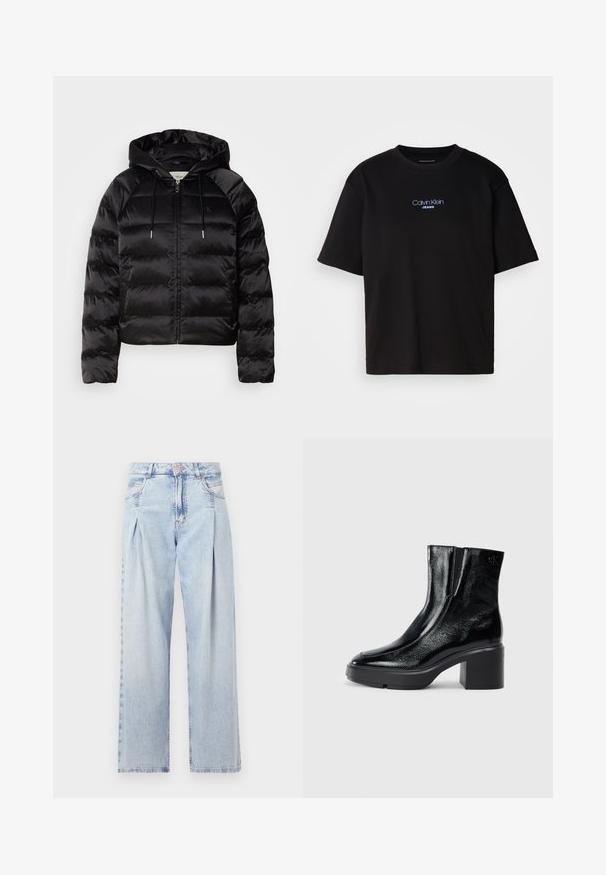 Svart puffy jakke med hette, med glidelås foran, elastiske mansjetter og en jevn, blank tekstur. Inkluderer logo detaljer på brystet.; Sort bomull t-skjorte med rund hals, korte ermer, og blå brodert "Calvin Klein JEANS" logo på forsiden.; Lyseblå denimjeans med høy livlinje, vide ben, to sidelommer og plisserte detaljer. Myk tekstur med en falmet finish.; Sorte lakkskinn ankelstøvler med buet tå, elastiske sidestykker og en chunky klossheel. Har preget logo på baksiden.