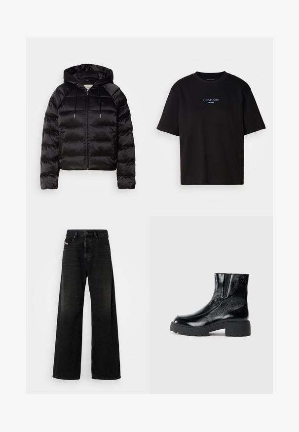 Black puffy jacket with a hood, featuring a zip front, elastic cuffs, and a smooth, glossy texture. Includes logo detail on the chest.; Black cotton t-shirt with a round neck, short sleeves, and blue embroidered "Calvin Klein JEANS" logo on the front.; Wide-leg black denim jeans with a high waist, featuring a button closure, front pockets, and a faded texture.; Black ankle boots with a glossy patent leather finish, chunky black rubber sole, and raised heel; includes subtle logo detail on the side.