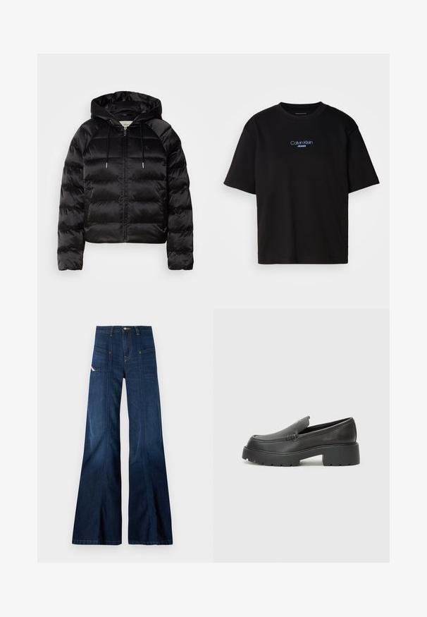Black puffy jacket with a hood, featuring a zip front, elastic cuffs, and a smooth, glossy texture. Includes logo detail on the chest.; Black cotton t-shirt with a round neck, short sleeves, and blue embroidered "Calvin Klein JEANS" logo on the front.; Dark blue flared jeans with a high waist, large front pockets, and contrasting stitching. Features a button closure and textured denim fabric.; Black leather loafers with a rounded toe, thick textured sole, and minimal stitching details. Sleek design with no visible laces or hardware.