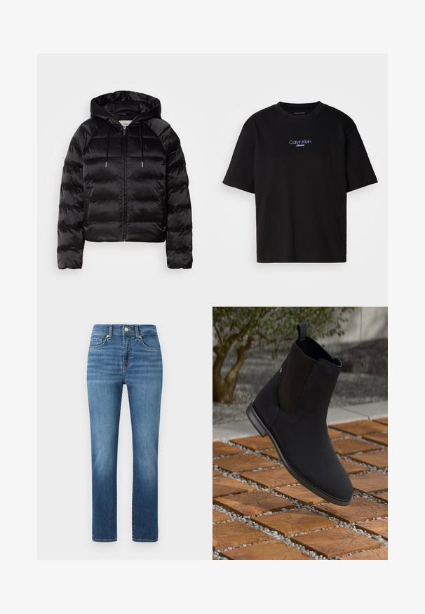 Čierna nadýchaná bunda s kapucňou, s predným zipsom, elastickými manžetami a hladkou, lesklou textúrou. Obsahuje detail loga na hrudi.; Čierne bavlnené tričko s okrúhlym výstrihom, krátkymi rukávmi a modrým vyšívaným logom "Calvin Klein JEANS" na prednej strane.; Stredne modré džínsy so strihom rovného nohavicu, ktoré majú zapínanie na gombík, päť vreciek a svetlé vyblednutia na látke.; Čierne členkové topánky s elastickým bočným panelom, ktoré sú vo vzduchu nad drevenými štvorcovými dlaždicami s kamienkami v exteriérovom prostredí.