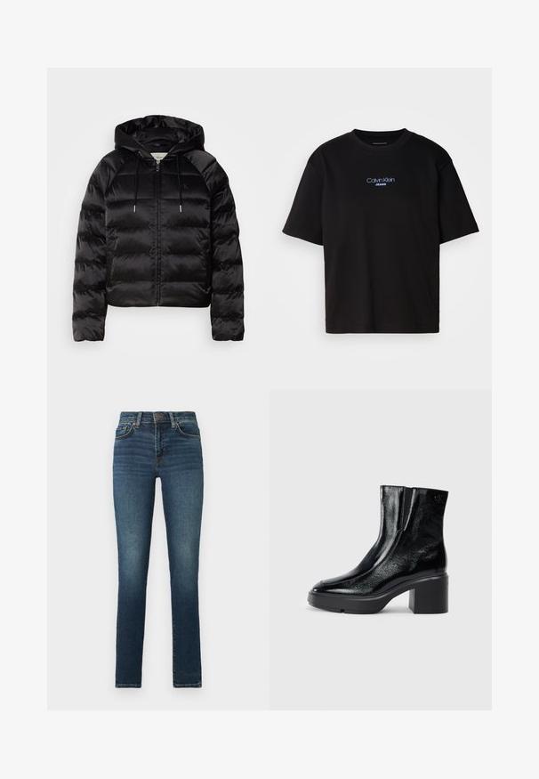 Casaco puffer preto com capuz, apresentando um fecho de correr frontal, punhos elásticos e uma textura suave e brilhante. Inclui detalhe do logótipo no peito.; T-shirt preta de algodão com gola redonda, mangas curtas e logo bordado azul "Calvin Klein JEANS" na parte da frente.; Jeans de denim em azul escuro com a parte da frente ligeiramente desbotada. Apresenta um design clássico de cinco bolsos e fecho de correr com botão.; Botas de tornozelo de verniz preto com ponta curva, painéis laterais elásticos e um salto quadrado robusto. Apresenta um logotipo em relevo na parte de trás.